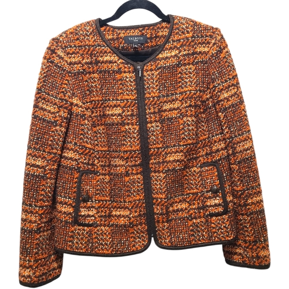 Talbots Tweed Orange Black Wool Blend Women's Jacket 12P Career Preppy